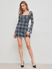 Mesh Square Neck Check Knotted Mini Dress