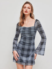 Mesh Square Neck Check Knotted Mini Dress