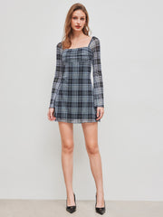 Mesh Square Neck Check Knotted Mini Dress