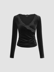 Velvet V-neck Solid Lace Ruched Long Sleeve Top
