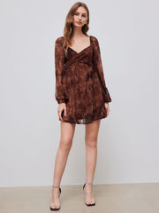 Mesh Sweetheart Floral Ruffle Long Sleeve Mini Dress