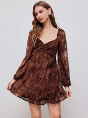 Mesh Sweetheart Floral Ruffle Long Sleeve Mini Dress
