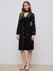 Velvet V-neck Floral Embroidery Midi Dress With Scarf