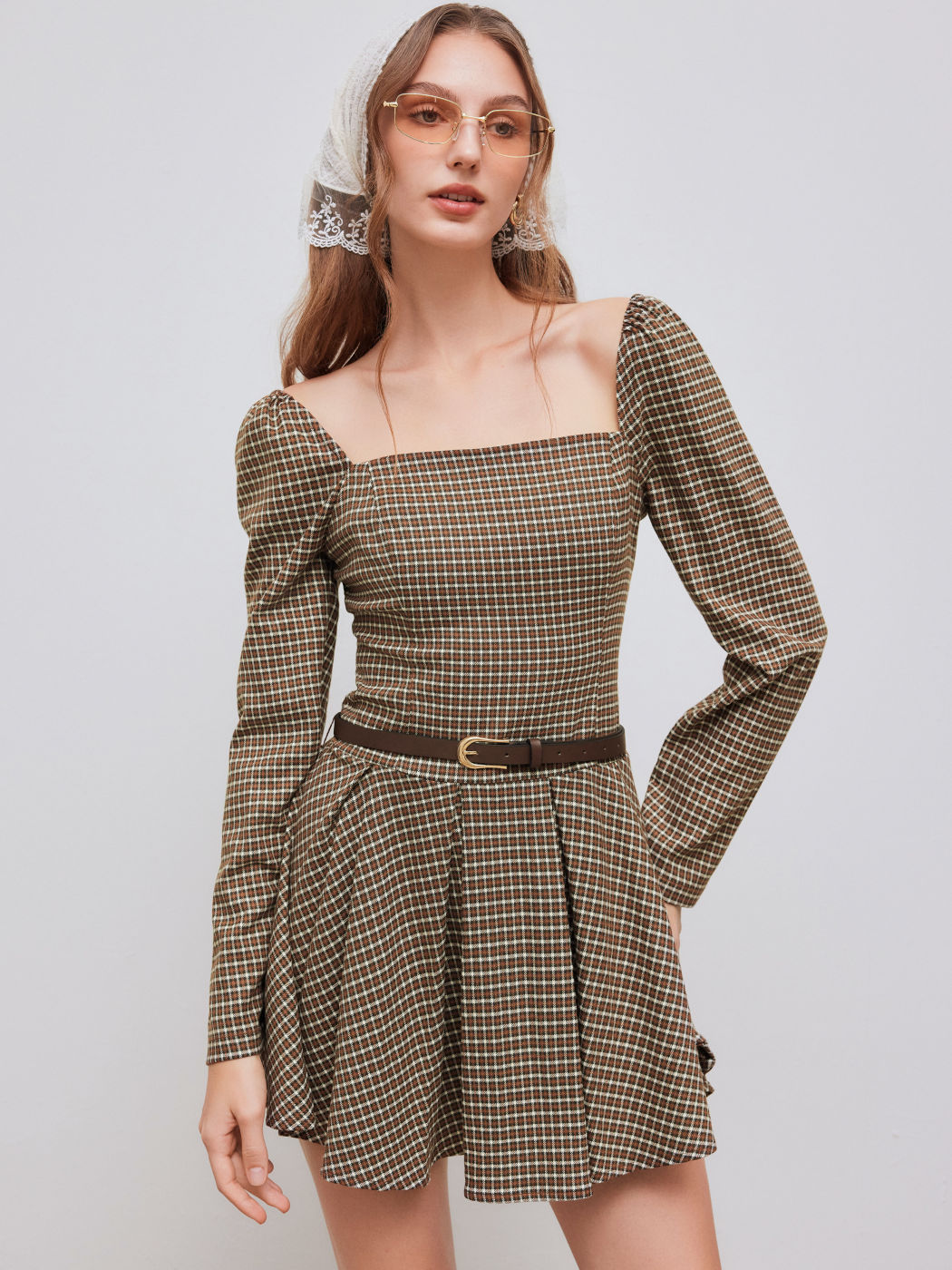 Square Neck Checks Pleated Mini Dress With Belt