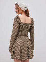 Square Neck Checks Pleated Mini Dress With Belt