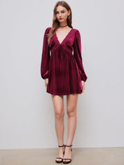 Velvet V-neck Knotted Lace Ruffle Mini Dress