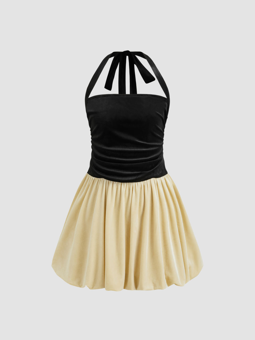 Velvet Halter Bubble Hem Two Tone Ruched Mini Dress