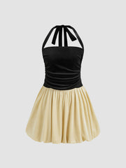 Velvet Halter Bubble Hem Two Tone Ruched Mini Dress