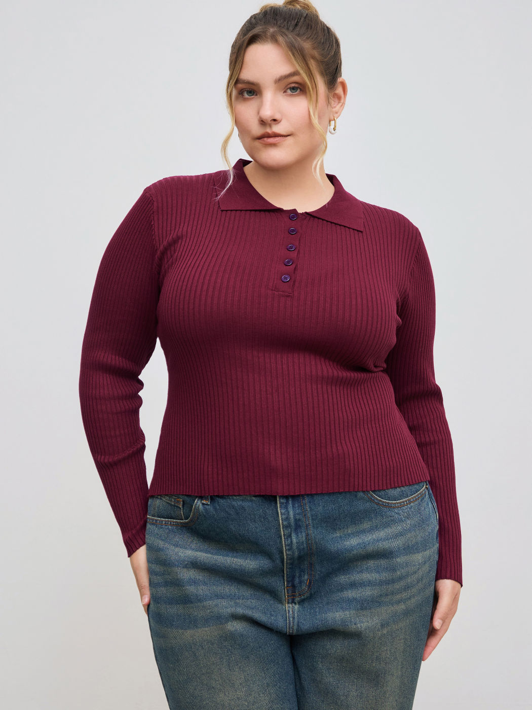 Knit Polo Solid Button Long Sleeve Top Curve & Plus