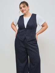 V-neck Stripe Button Tank Top & Mid Rise Pocket Straight Leg Trousers Set Curve & Plus