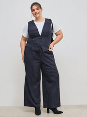 V-neck Stripe Button Tank Top & Mid Rise Pocket Straight Leg Trousers Set Curve & Plus