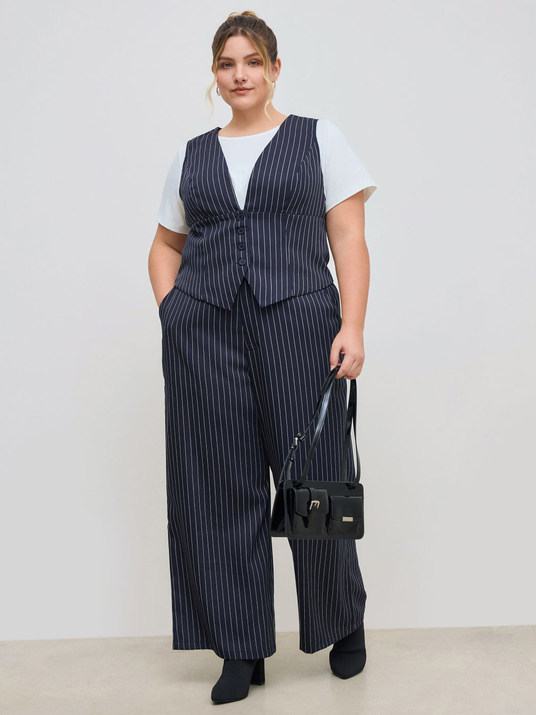 V-neck Stripe Button Tank Top & Mid Rise Pocket Straight Leg Trousers Set Curve & Plus