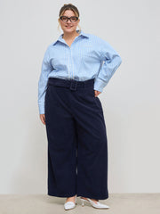 Corduroy Mid Rise Straight Leg Trousers With Belt Curve & Plus