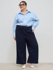 Corduroy Mid Rise Straight Leg Trousers With Belt Curve & Plus