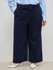 Corduroy Mid Rise Straight Leg Trousers With Belt Curve & Plus