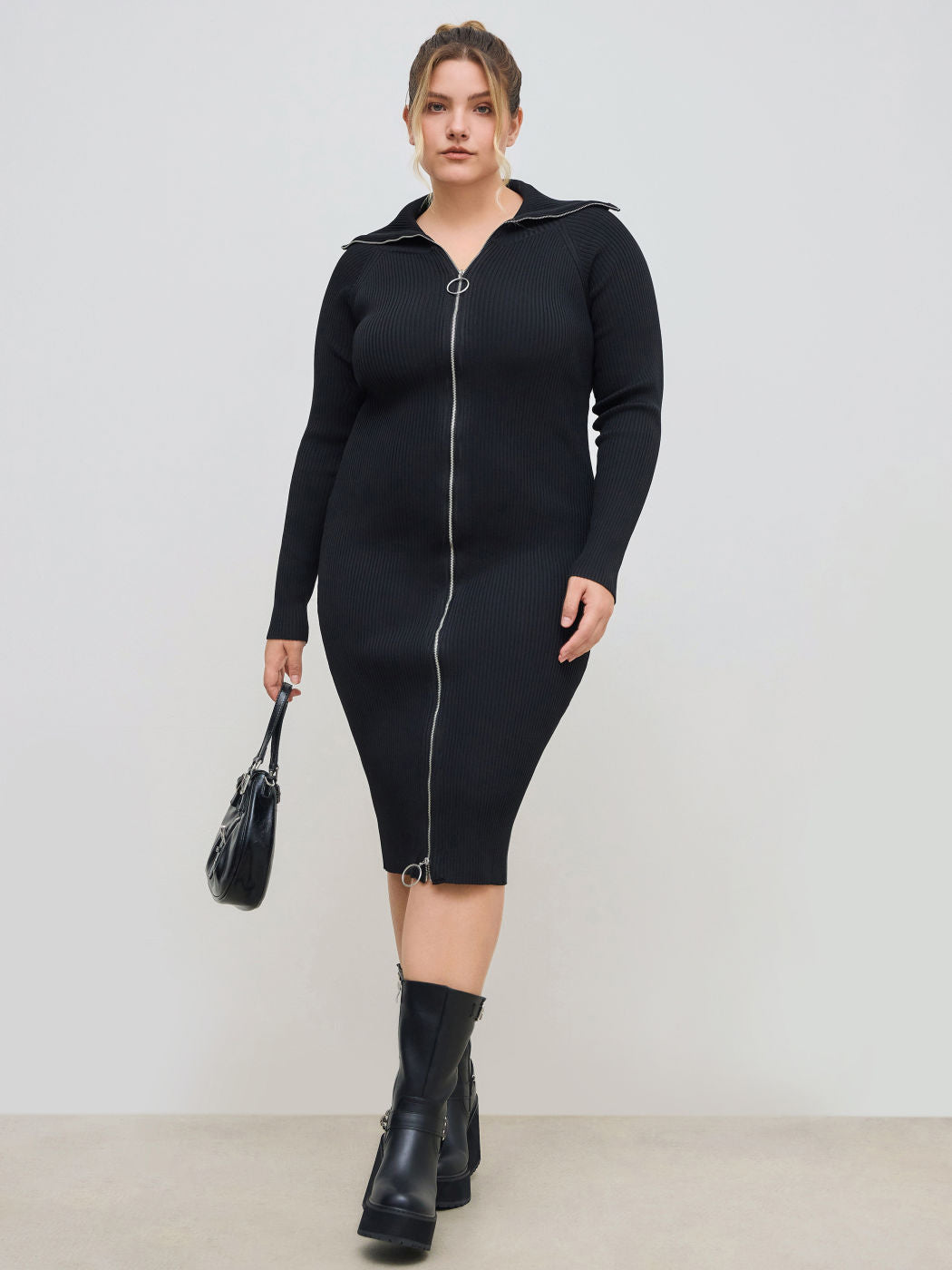 Knit Collar Solid Zipper Midi Dress Curve & Plus