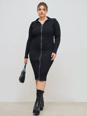 Knit Collar Solid Zipper Midi Dress Curve & Plus