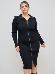 Knit Collar Solid Zipper Midi Dress Curve & Plus