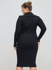 Knit Collar Solid Zipper Midi Dress Curve & Plus