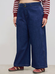 Cider Denim Mid Rise Solid Pocket Wide Leg Jeans With Belt Curve & Plus