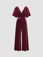 Velvet V-neck Solid Ruffle Jumpsuit