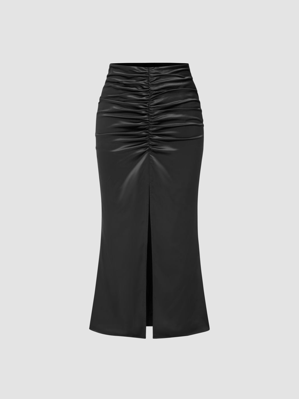 Satin Mid Rise Ruched Split Maxi Skirt