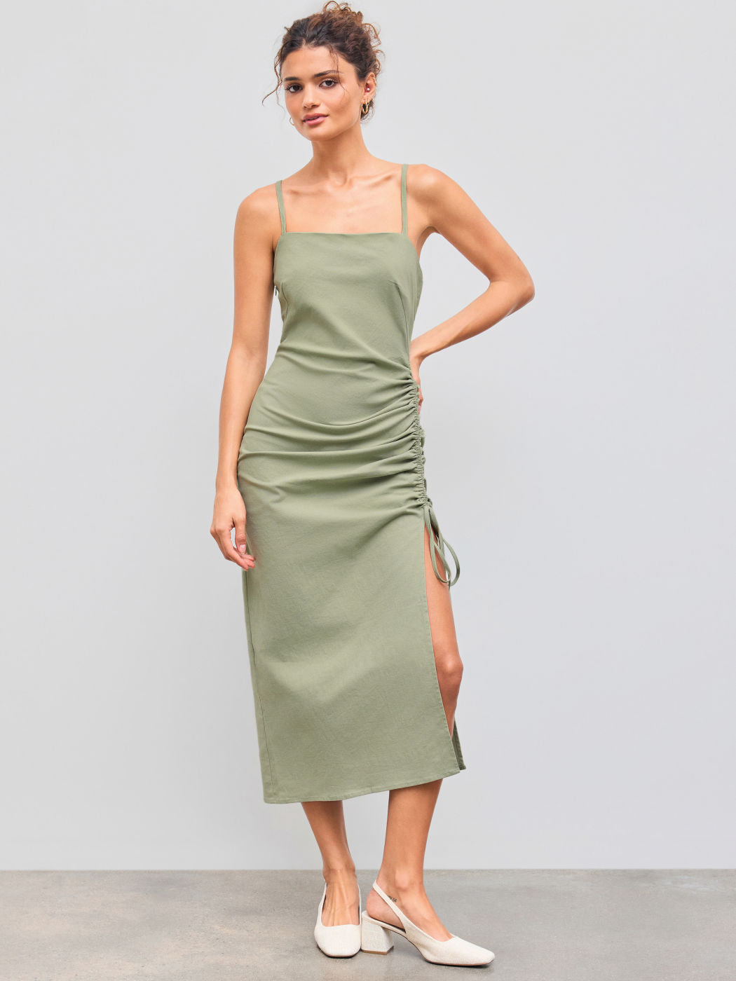 Cotton-blend Square Neck Solid Ruched Drawstring Midi Dress