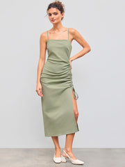 Cotton-blend Square Neck Solid Ruched Drawstring Midi Dress