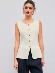 Knitted Boat Neck Solid Button Vest