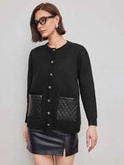 Knit Faux Leather Pocket Oversized Cardigan