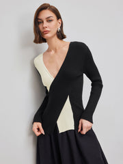 Knit V-neck Two Tone Long Sleeve Top