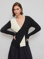 Knit V-neck Two Tone Long Sleeve Top