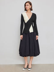 Knit V-neck Two Tone Long Sleeve Top