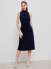 Velvet High Neck Solid Ruched Midi Dress