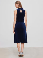 Velvet High Neck Solid Ruched Midi Dress