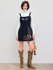 100% Cotton Square Neck Floral Embroidery Pinafore Mini Dress