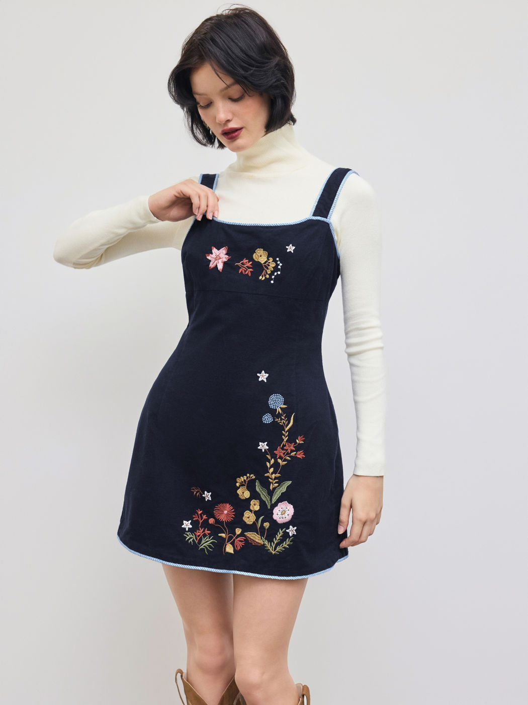 100% Cotton Square Neck Floral Embroidery Pinafore Mini Dress
