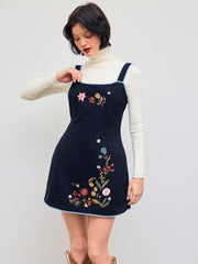 100% Cotton Square Neck Floral Embroidery Pinafore Mini Dress