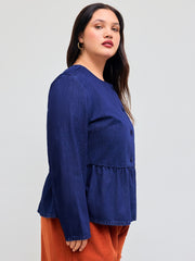 Denim Round Neckline Solid Ruffle Hem Jacket Curve & Plus