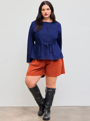 Denim Round Neckline Solid Ruffle Hem Jacket Curve & Plus