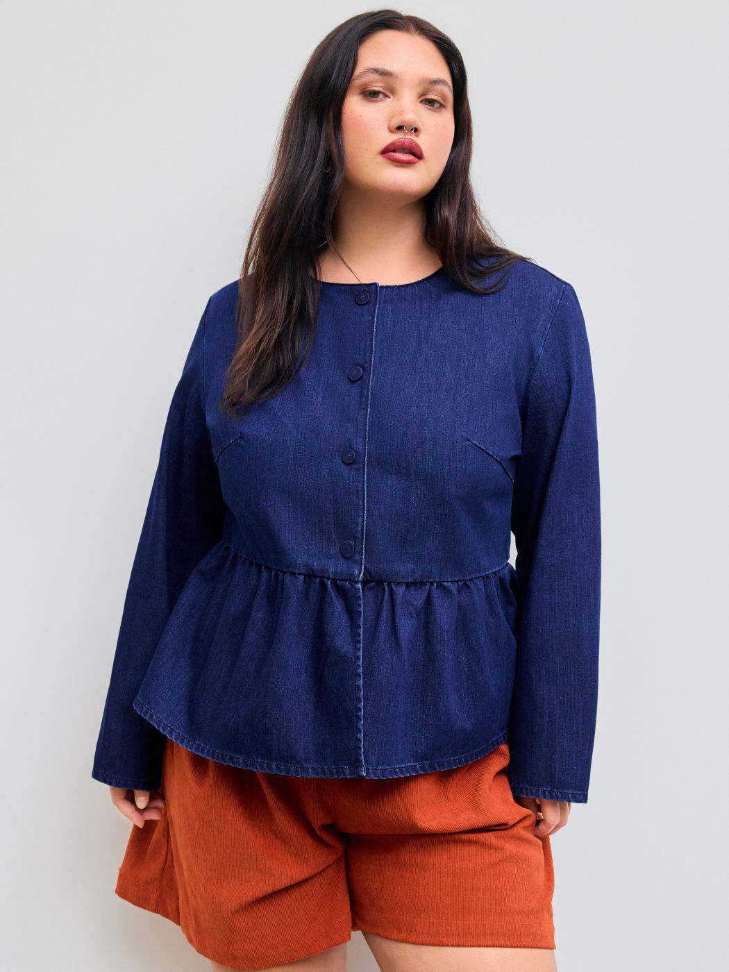 Denim Round Neckline Solid Ruffle Hem Jacket Curve & Plus