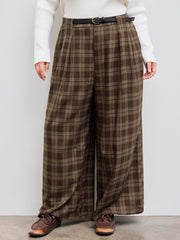 Mid Rise Check Pocket Wide Leg Trousers With Belt Curve & Plus