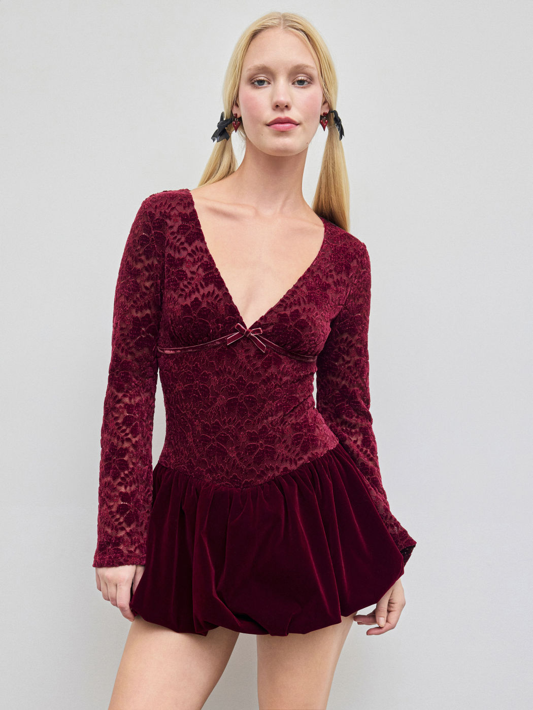 Lace V-neck Floral Bubble Hem Mini Dress