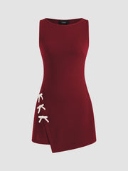 Boat Neckline Solid Bowknot Wrap Mini Dress
