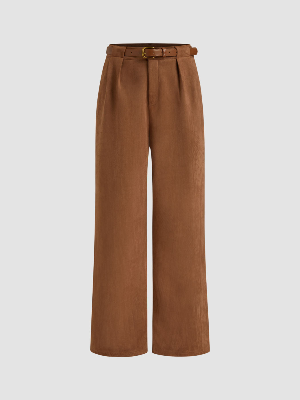 Suede Mid Rise Pocket Wide Leg Trousers With Belt