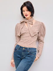 Cotton-blend V-neck Floral Long Sleeve Top With Scarf