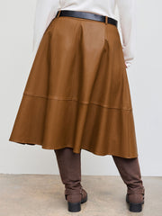Faux Leather Mid Rise Solid Midi Skirt With Belt Curve & Plus