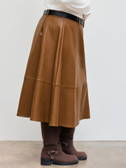 Faux Leather Mid Rise Solid Midi Skirt With Belt Curve & Plus