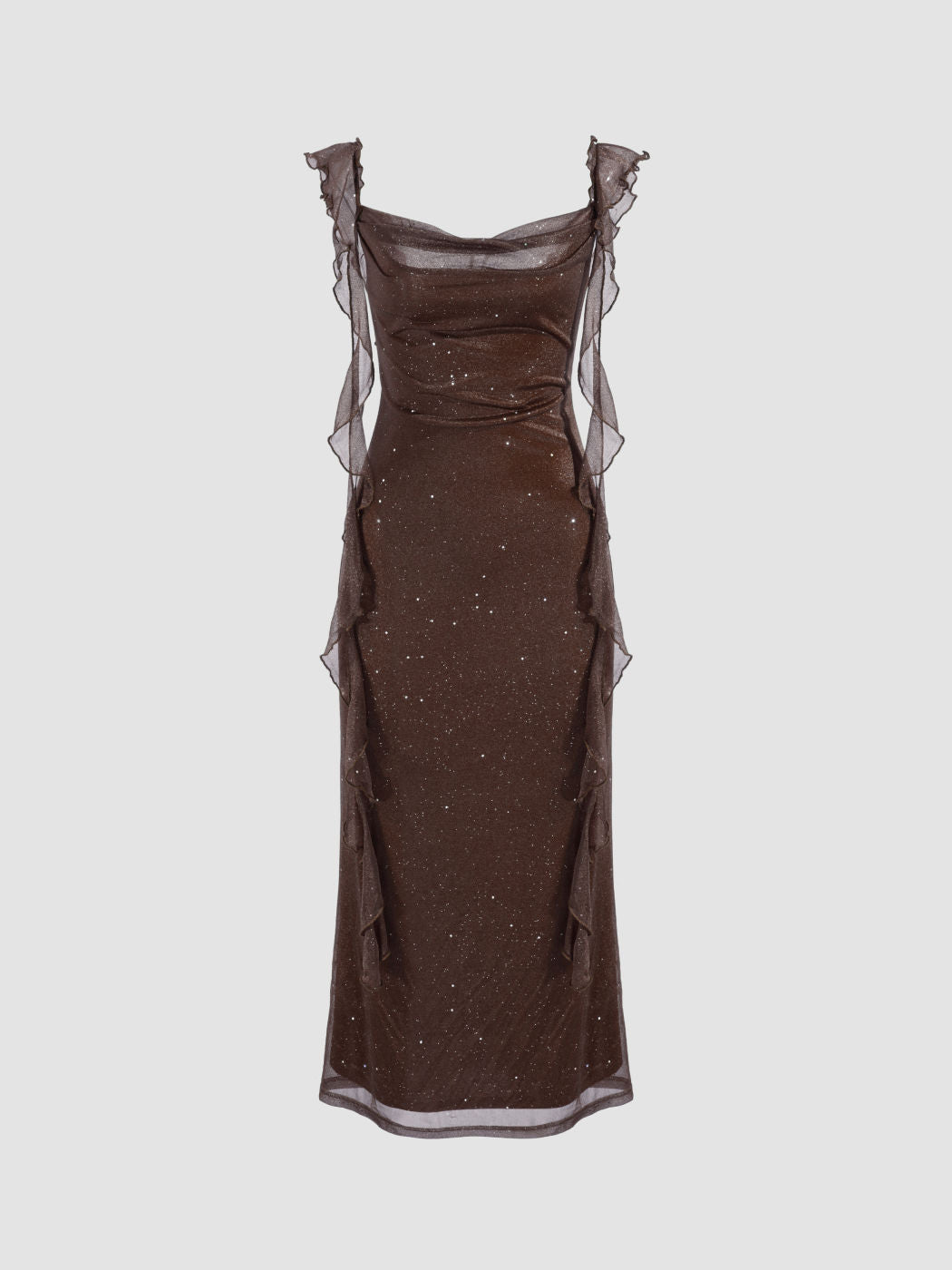Cowl Neck Solid Glitter Ruffle Hem Maxi Dress