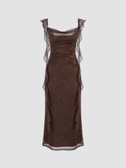 Cowl Neck Solid Glitter Ruffle Hem Maxi Dress